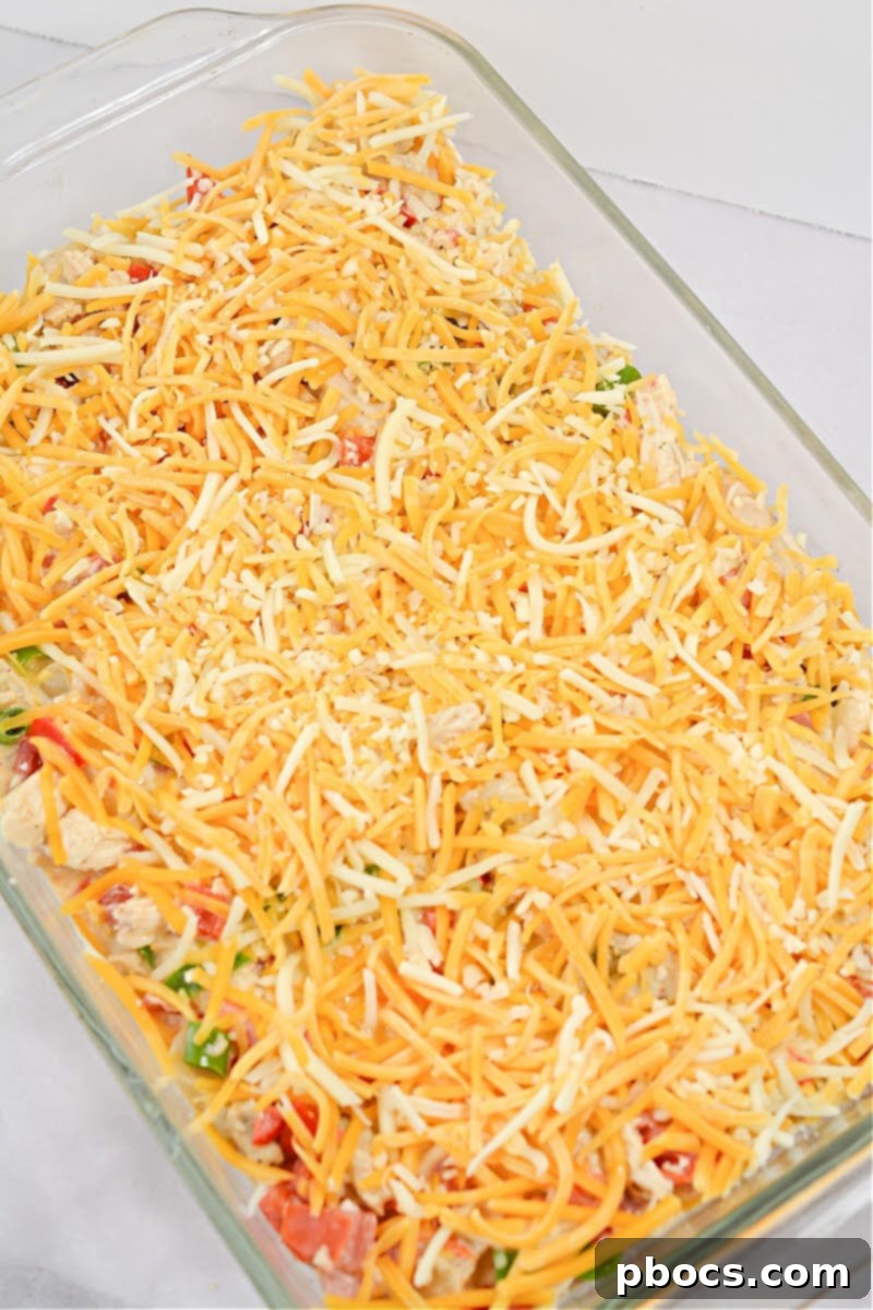The chicken and sauce mixture layered over tortillas in a baking dish, topped with shredded Colby Jack cheese.