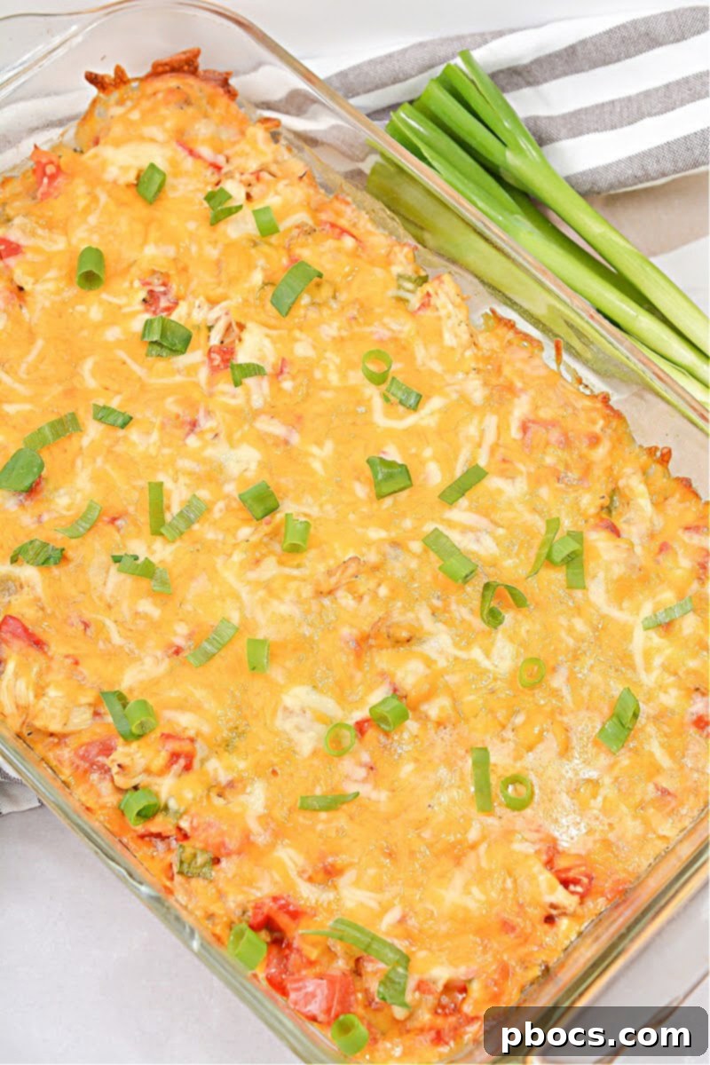 The finished Keto King Ranch Chicken Casserole, baked to golden perfection with melted, bubbly cheese on top.