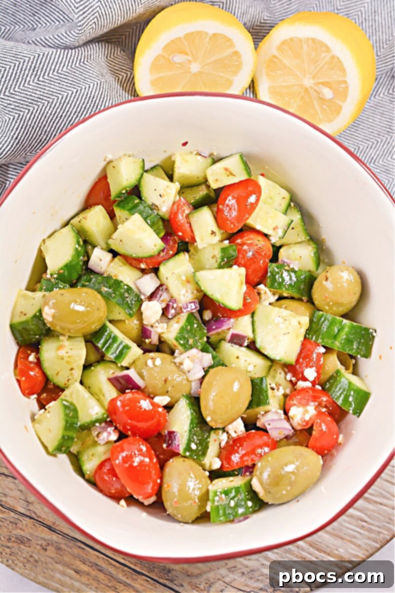 Final plated Keto Greek Cucumber Salad, ready to enjoy