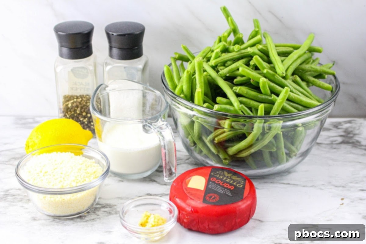 Creamy Keto Green Bean & Cheese Bake 5 Ingredients for Cheesy Green Bean Casserole, including fresh lemon and garlic