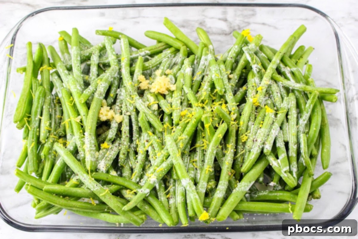 Creamy Keto Green Bean & Cheese Bake 8 Green beans in baking dish, ready for cream and seasoning