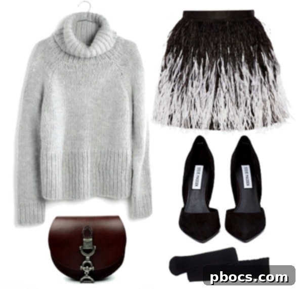 Fashionable woman posing in a light-colored chunky sweater, dark mini skirt, and knee-high boots, embodying cozy chic style