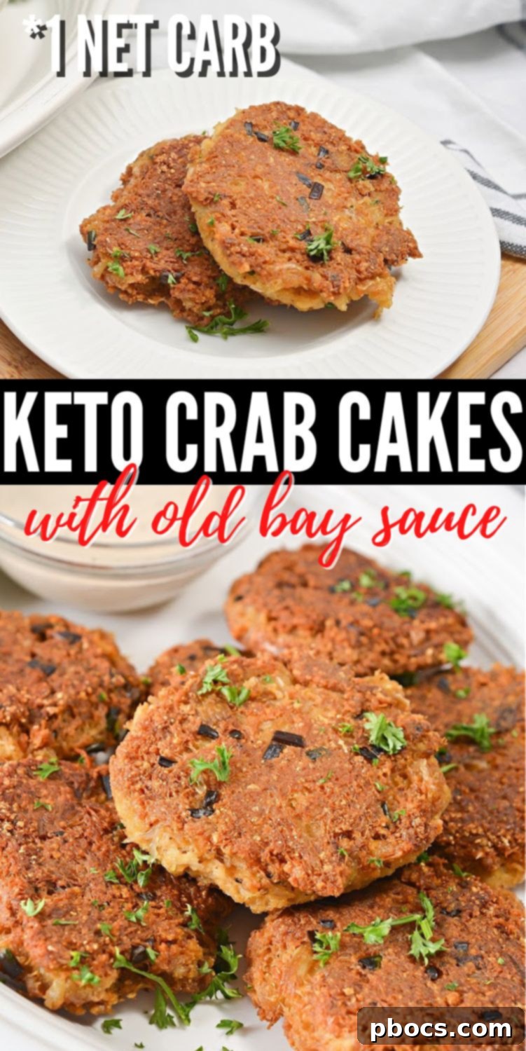 Keto Crab Cakes recipe card for Pinterest sharing. #ketocrabcakes #crabcakes #lowcarbseafood