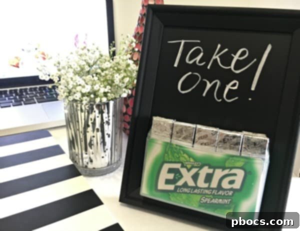 Custom Chalkboard Gum Storage Frame 2 DIY Chalkboard Frame Gum Holder on a tidy desk with a laptop