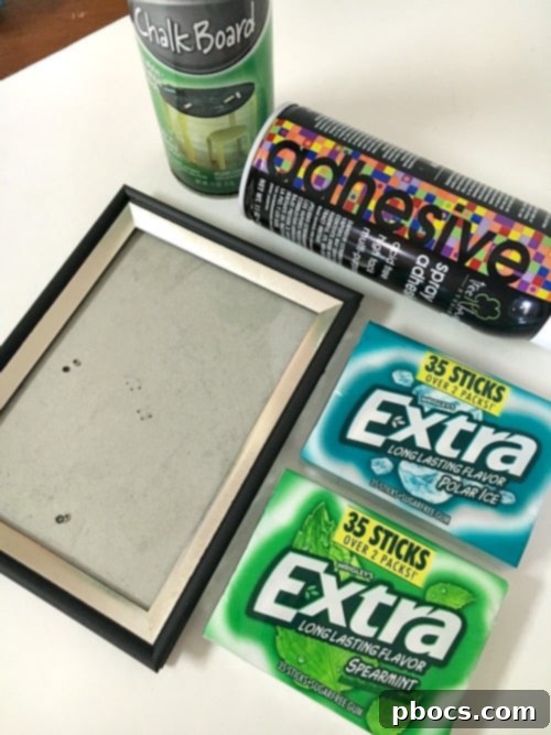 Custom Chalkboard Gum Storage Frame 4 Materials for DIY Chalkboard Frame Gum Holder: chalkboard spray paint, frame, Extra Gum, spray glue, chalk
