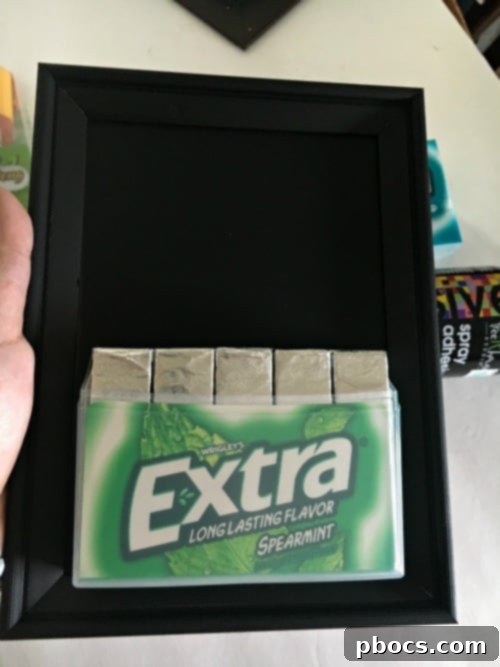 Custom Chalkboard Gum Storage Frame 8 Extra Gum 35-stick pack securely glued to the chalkboard frame