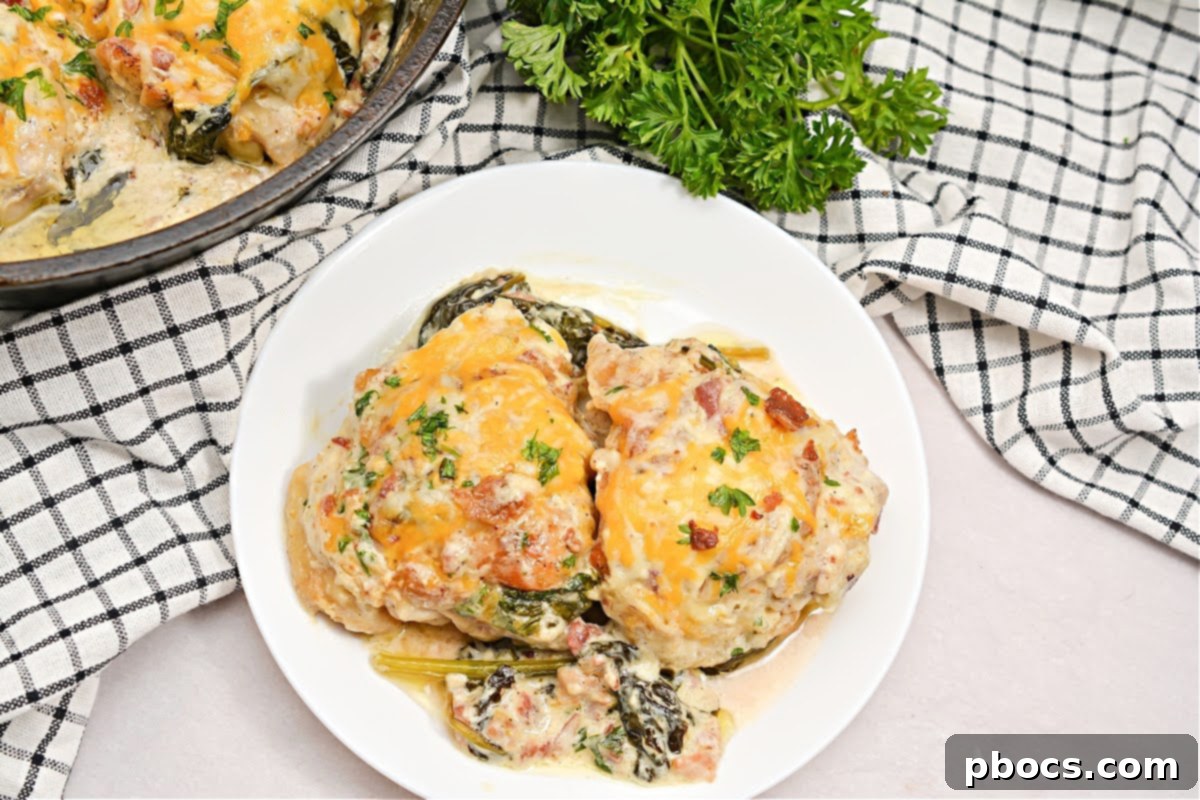 Addictive Creamy Keto Skillet Chicken 5 Skillet Keto Crack Chicken with spinach and bacon, before being topped with cheese