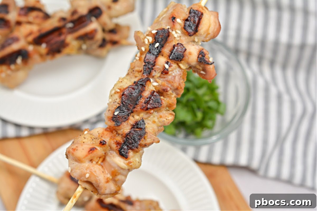 Sticky Keto Chicken Yakitori Skewers 3 Close-up of grilled Keto Chicken Yakitori Skewers glistening with sauce