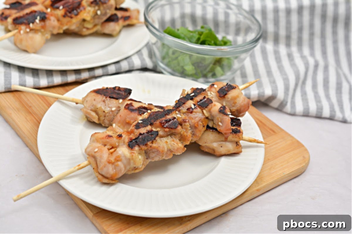 Sticky Keto Chicken Yakitori Skewers 7 Plated Keto Yakitori Chicken Skewers with green onions and a side dish