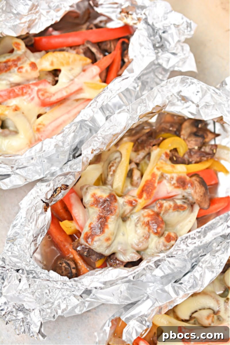 Close-up of a perfectly cooked Keto Philly Cheesesteak Foil Packet, ready to be enjoyed