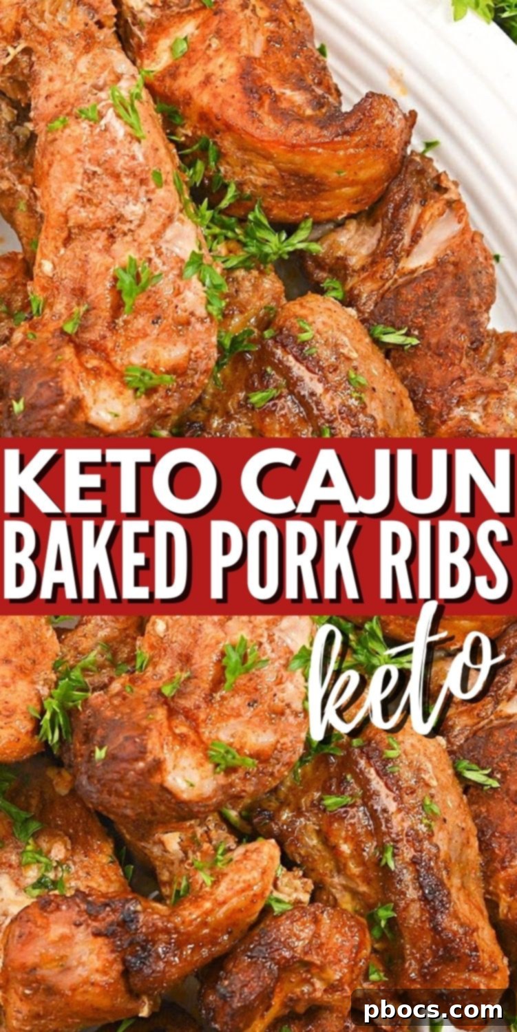 Cajun Keto Oven Ribs 14 Vertical Pinterest image for Keto Cajun Baked Pork Ribs
