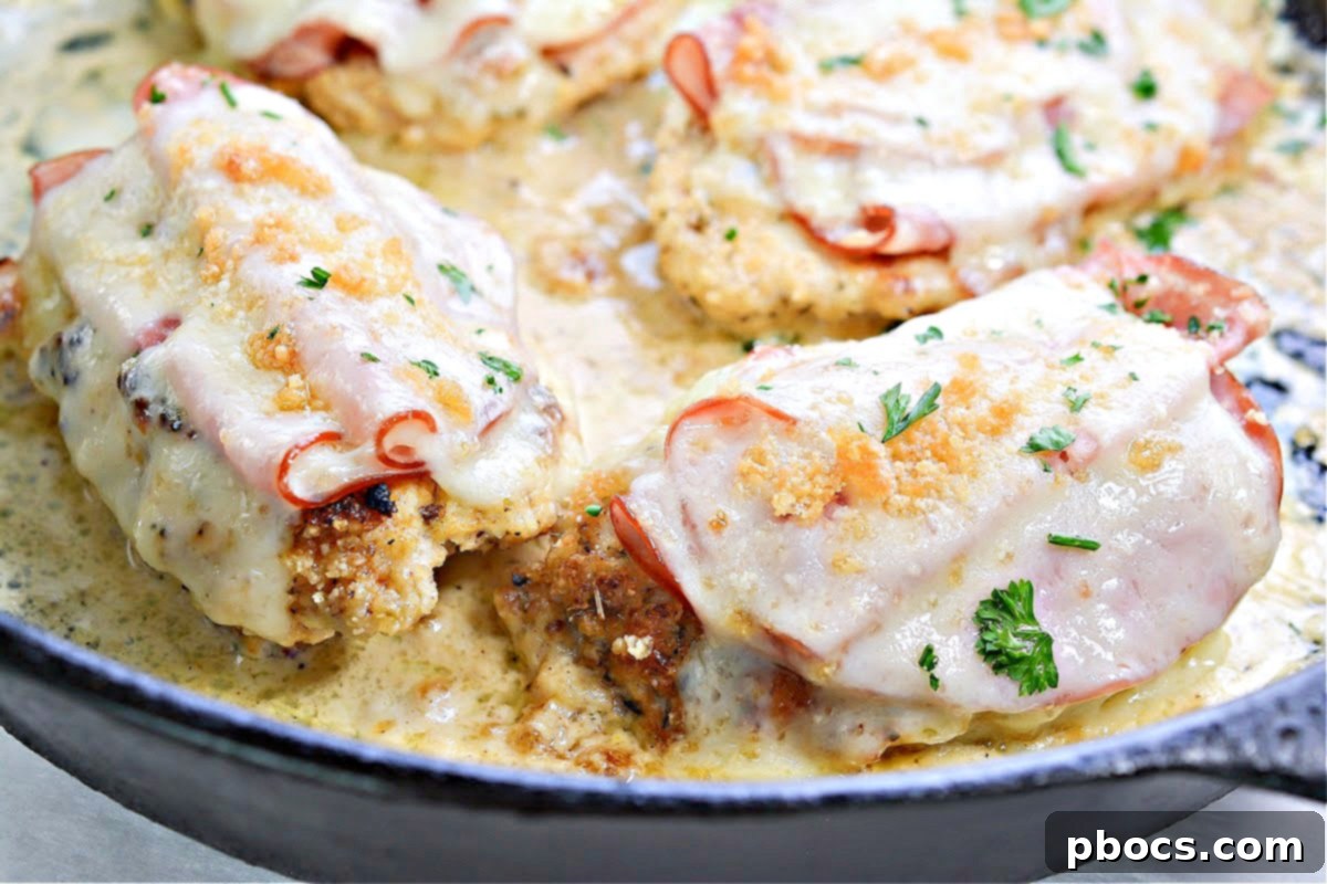 Close-up of Keto Chicken Cordon Bleu Skillet with creamy sauce