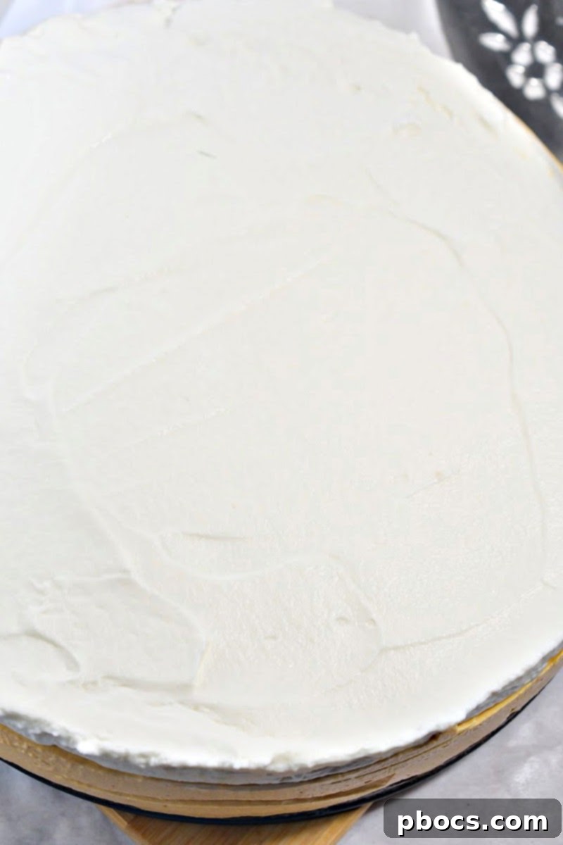 Keto Pumpkin Spice Mousse Cake 15 Step 8: Spreading whipped cream and chilling cake