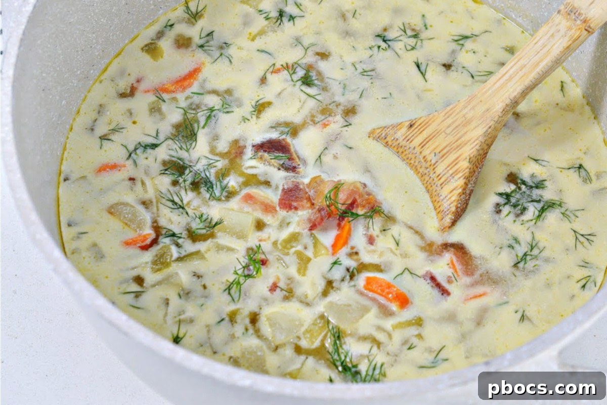 Stirring sour cream into the finished dill pickle soup