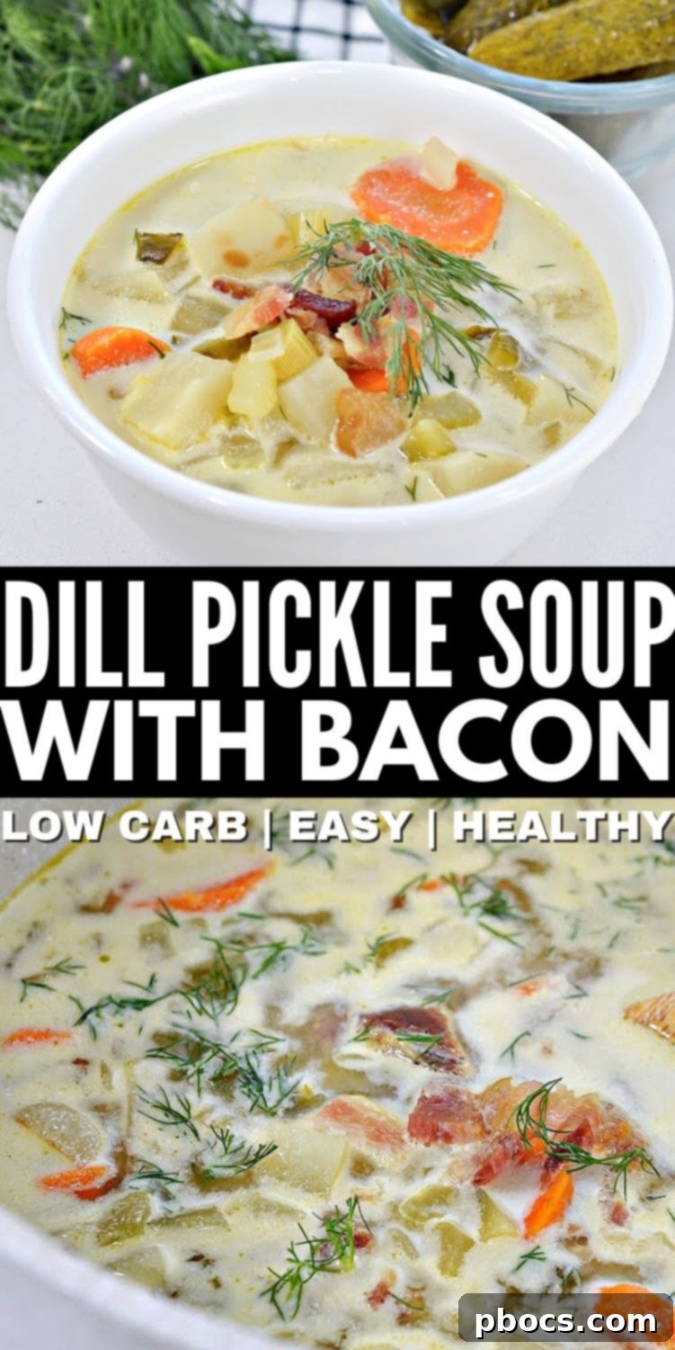 Low-Carb Dill Pickle Soup With Bacon Recipe Pin Image