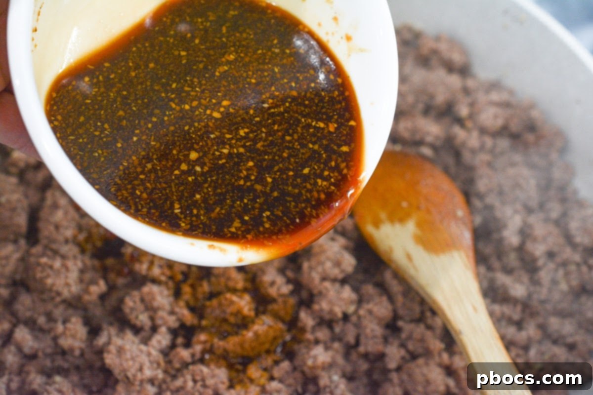 Korean ground beef simmering in the sauce until absorbed