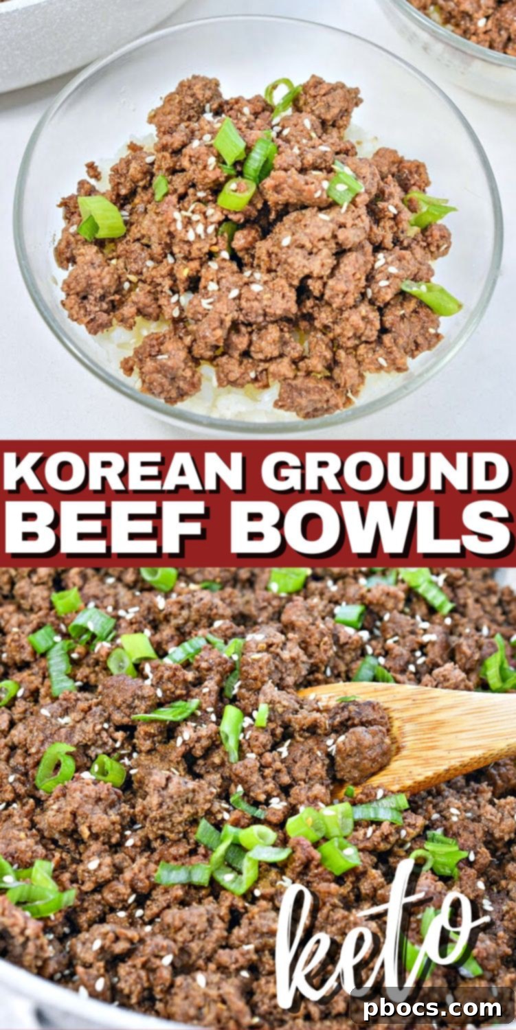 Keto Korean Beef Bowl large pin image with hashtags for social media