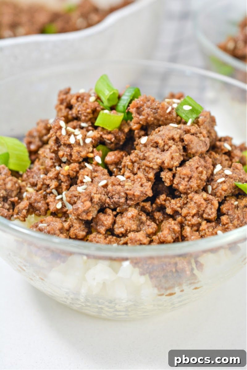 Close-up of a prepared Keto Korean Beef Bowl showcasing the delicious texture of the ground beef