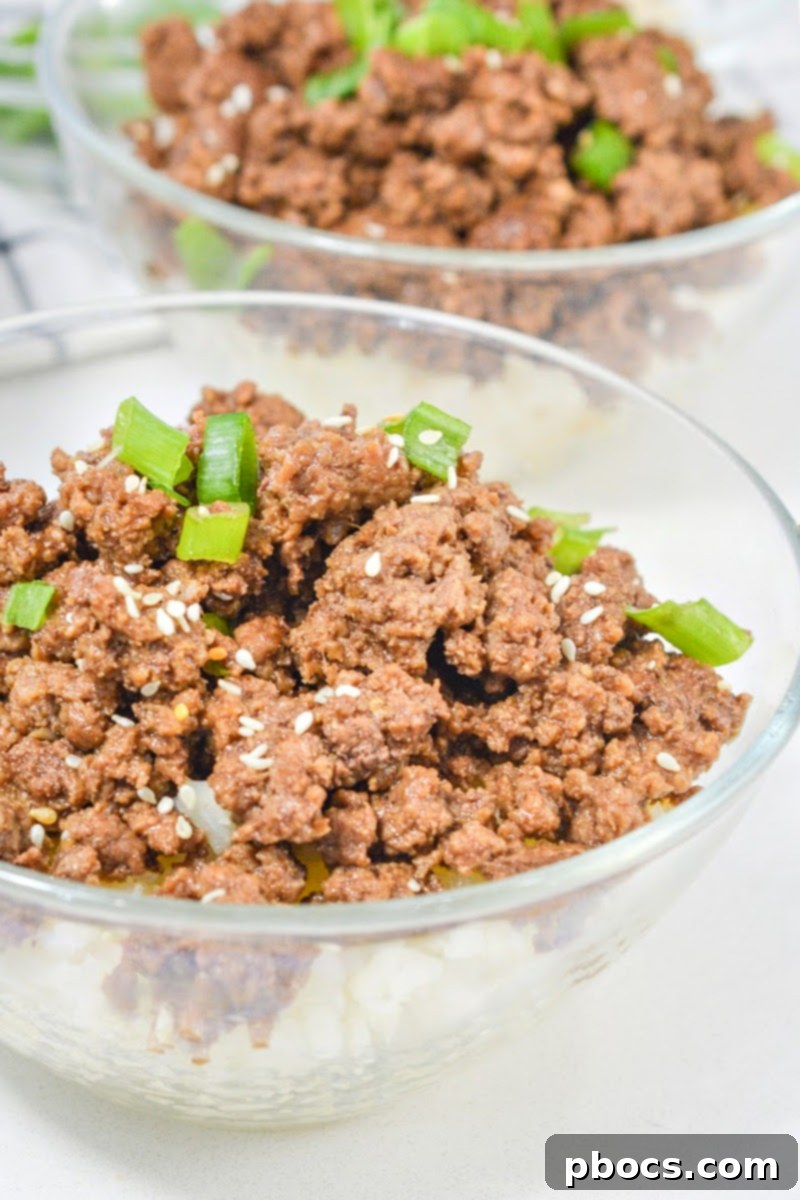 Cooked Keto Korean Ground Beef served over a bed of fluffy cauliflower rice