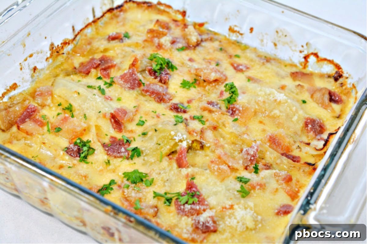 Finished Keto Cabbage Au Gratin garnished with bacon and parsley