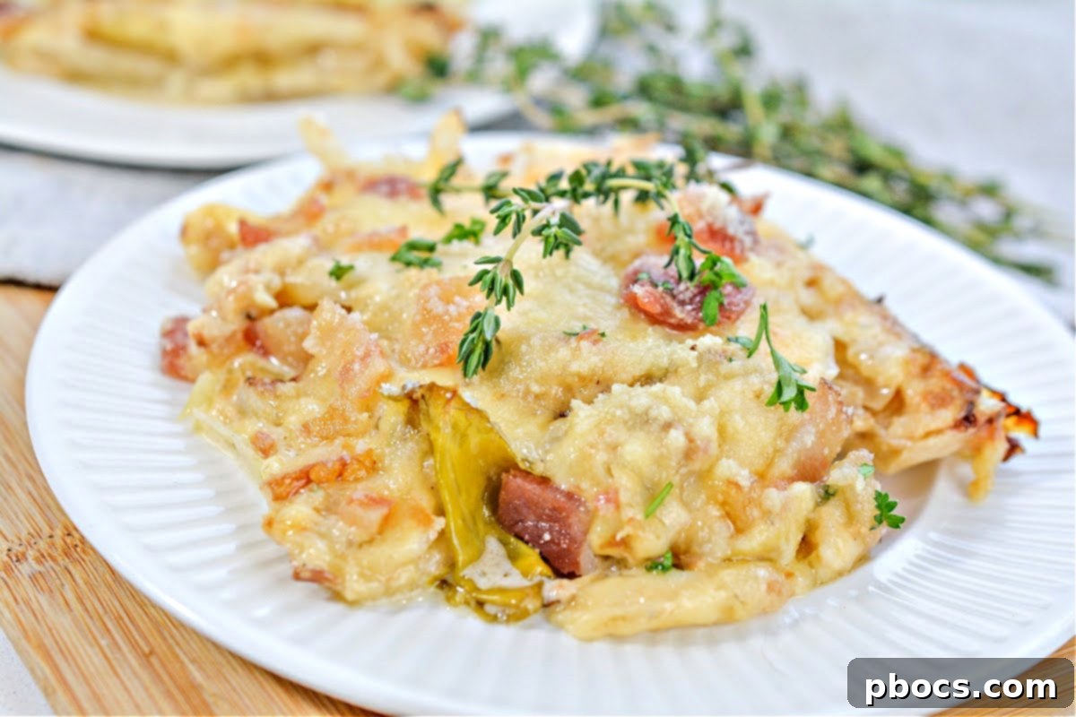 Casserole dish of Keto Cabbage Au Gratin fresh from the oven