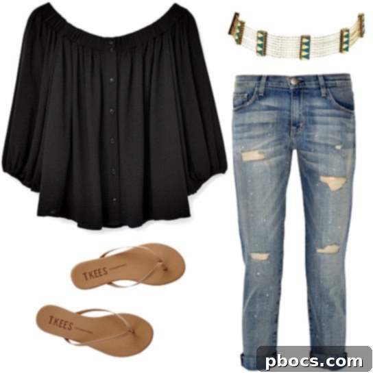 Casual chic outfit with an off-the-shoulder top and jeans