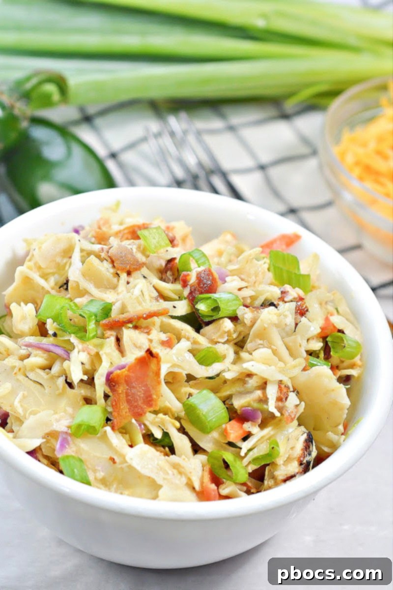 Prepared Keto Crack Slaw garnished with green onions and cheddar cheese.