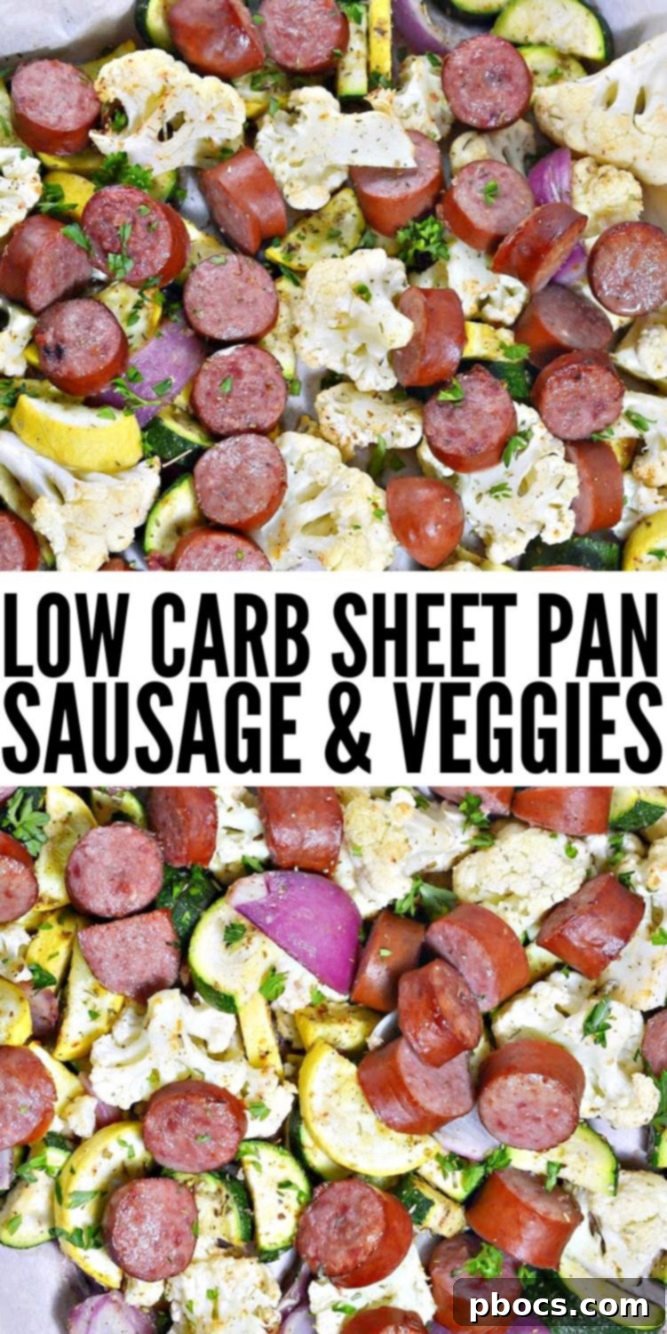Low-Carb Sheet Pan Sausage and Veggies - Pinterest graphic with recipe title and hashtags