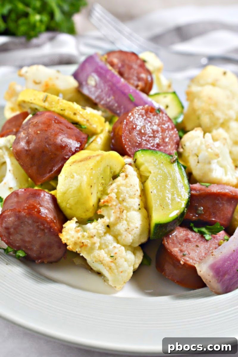 Low-Carb Sheet Pan Sausage and Veggies - Delicious and healthy keto dinner idea with roasted vegetables