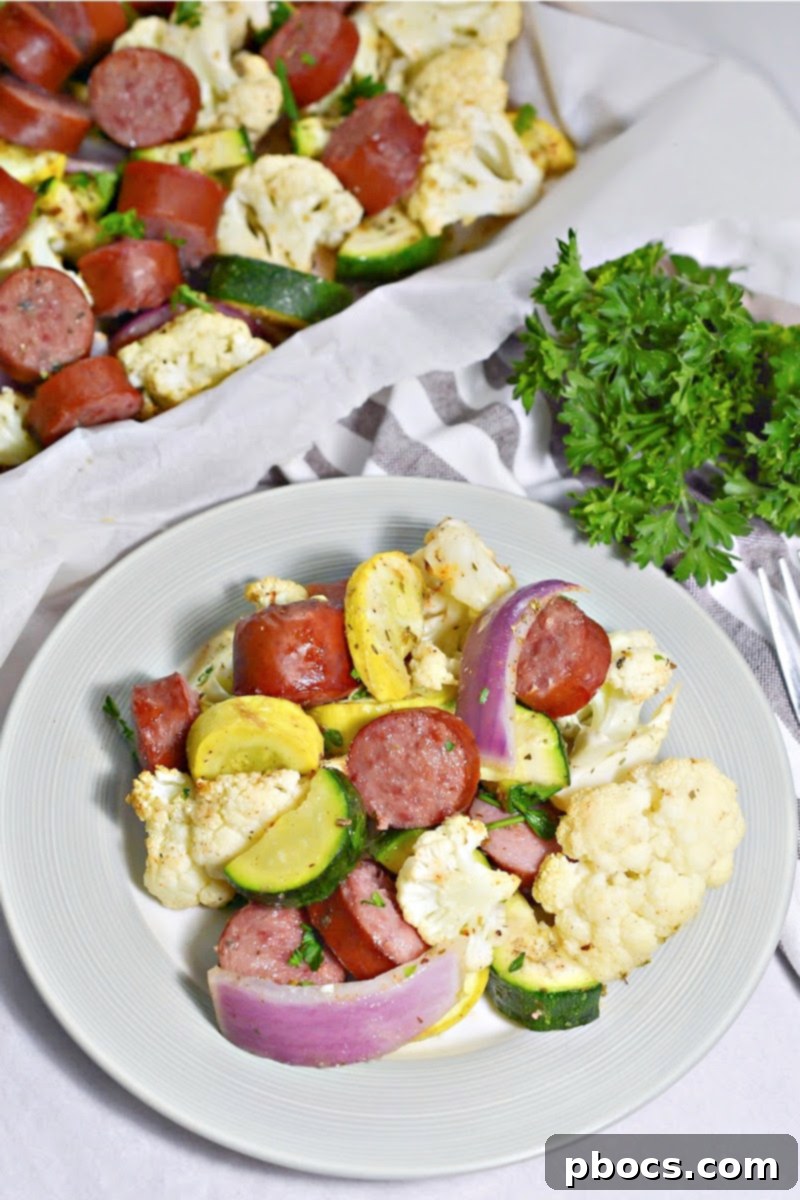 Low-Carb Sheet Pan Sausage and Veggies - Delicious roasted sausage and vegetables on a sheet pan