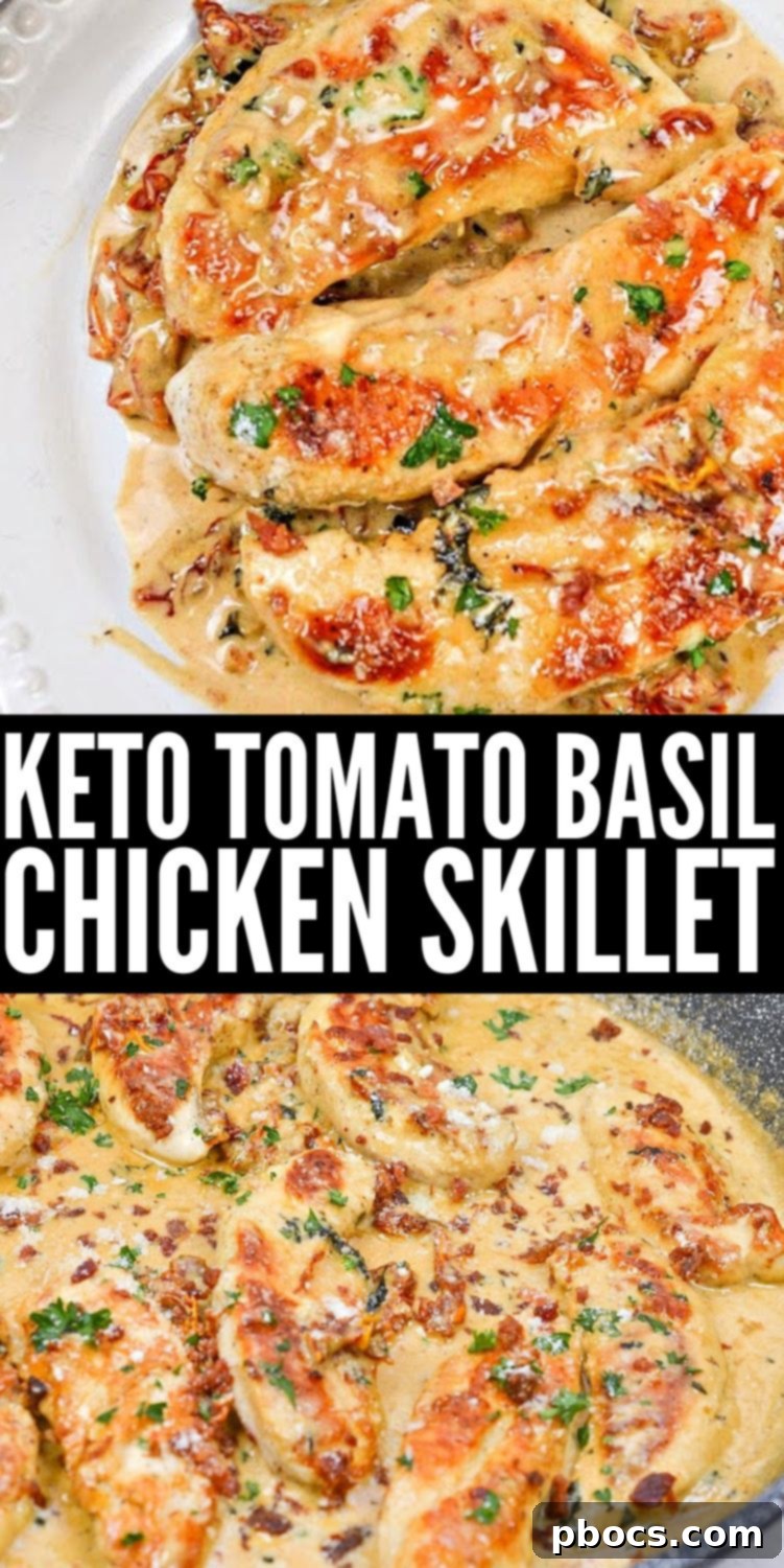 Creamy Tomato Basil Keto Chicken Skillet 17 Pin image for Keto Chicken Skillet With Tomato Basil Cream Sauce