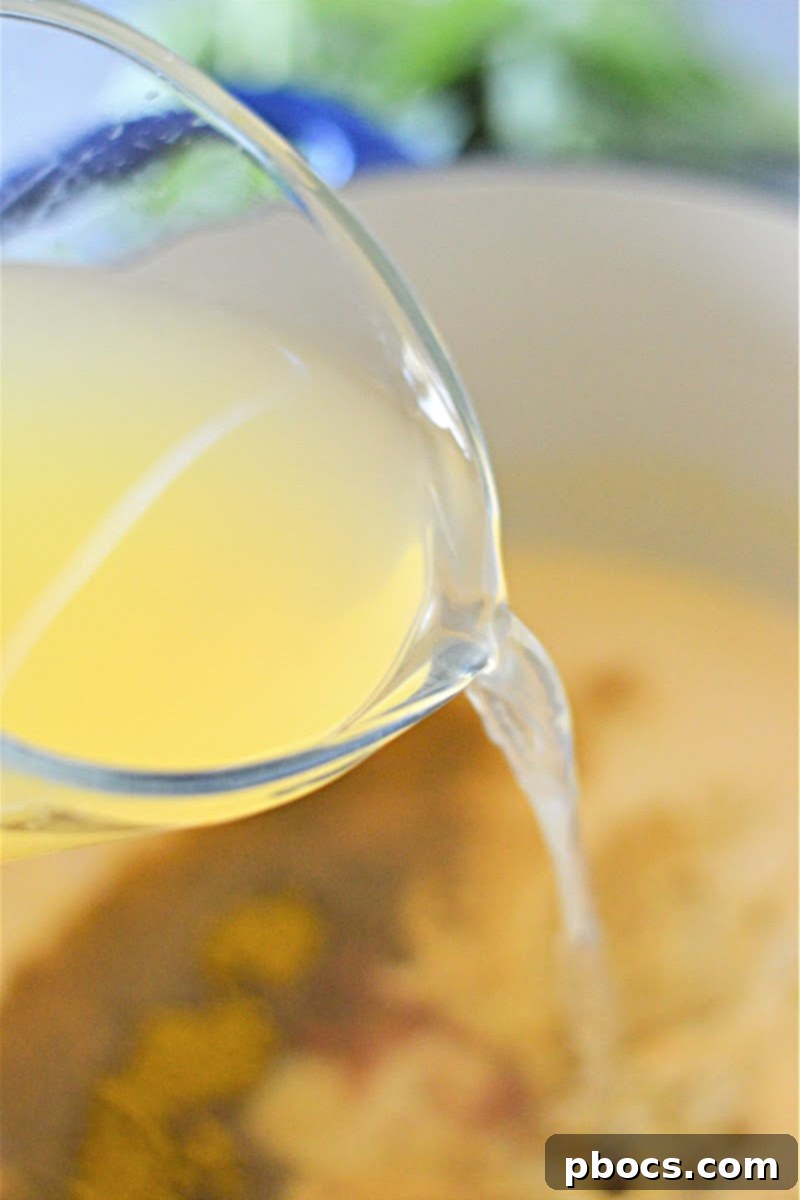 Adding spices and chicken broth to the pumpkin curry soup base