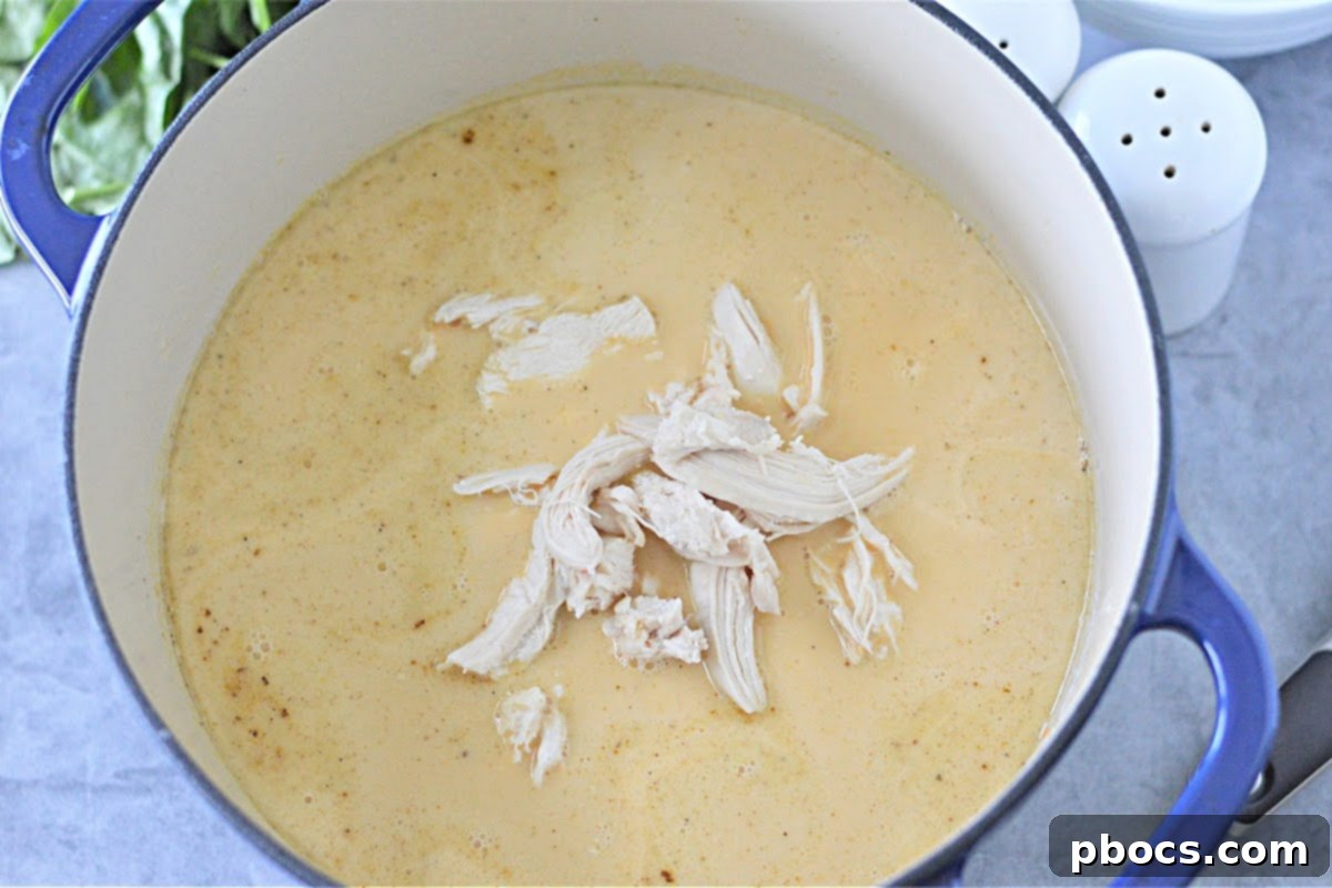 Shredded chicken being added to the creamy keto pumpkin curry soup