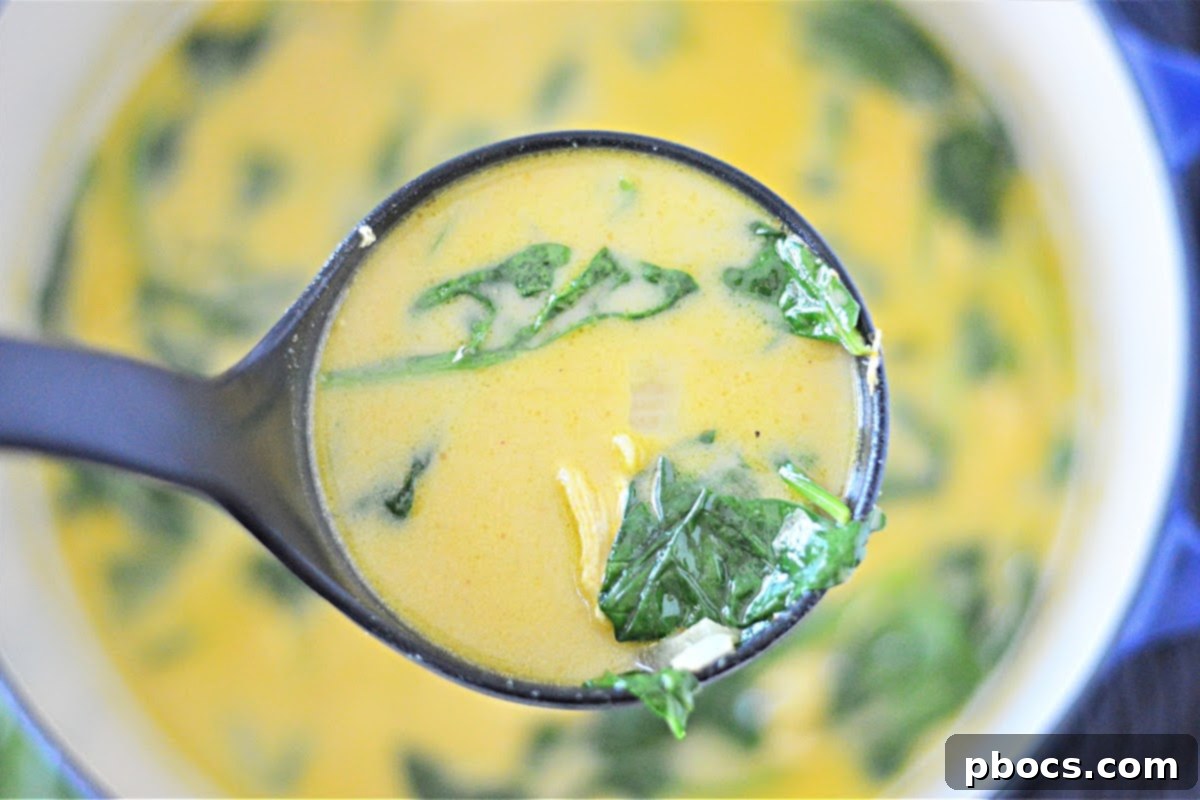 Shredded chicken added to a bowl of Creamy Keto Pumpkin Curry Soup