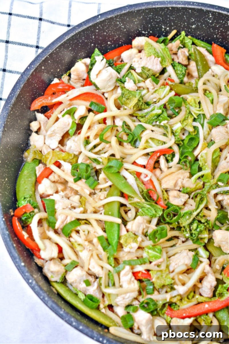 Delicious Low Carb Chicken Chow Mein with tender chicken and crisp vegetables.