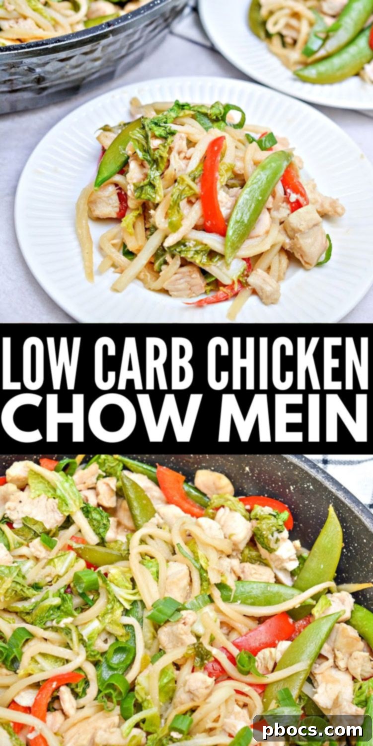 Low Carb Chicken Chow Mein recipe pin graphic.