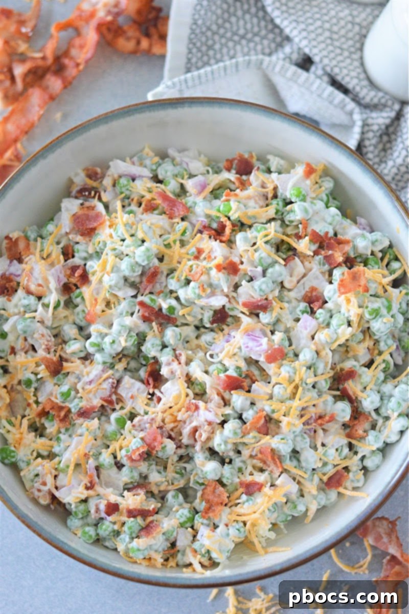 Keto-Friendly Pea Salad Delight 2 Low-Carb Pea Salad, a creamy, delicious dish with bacon and cheese.