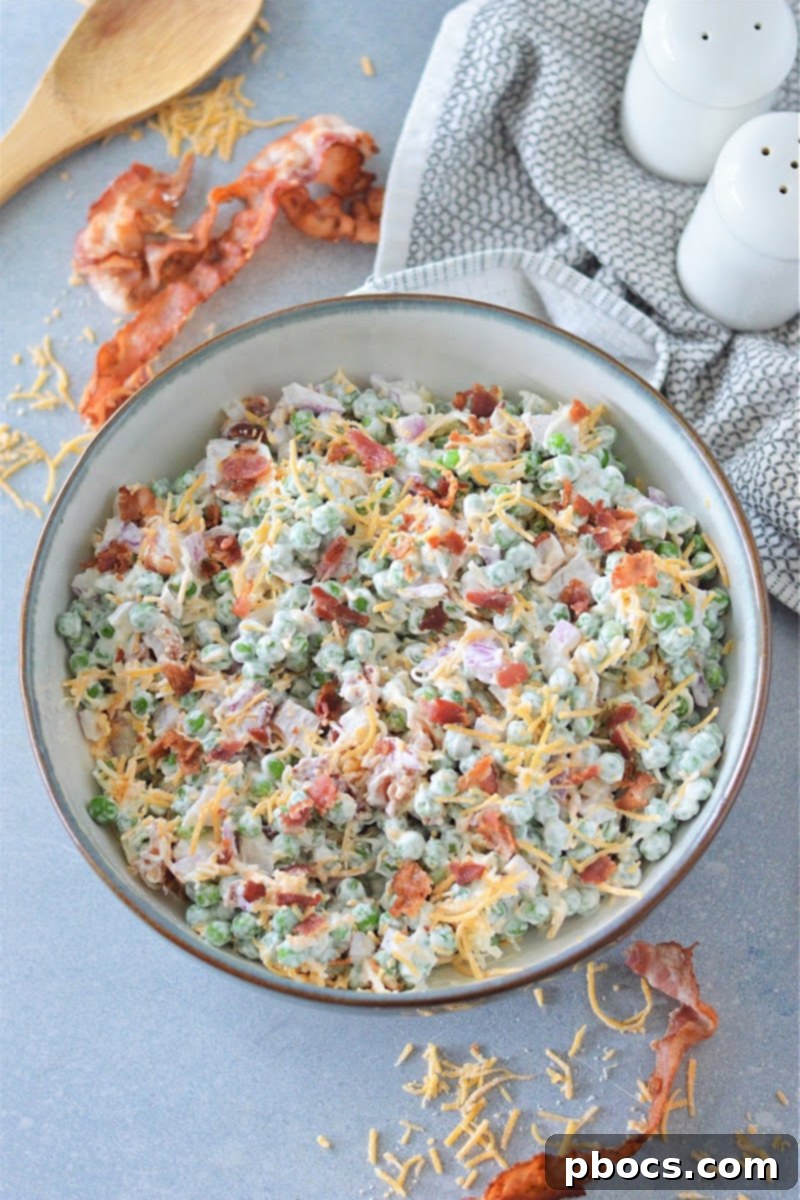 Keto-Friendly Pea Salad Delight 11 Finished low-carb pea salad garnished with extra bacon.