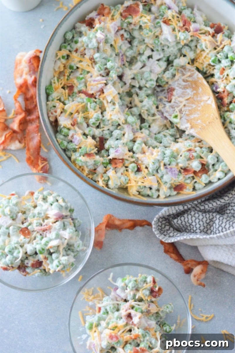 Keto-Friendly Pea Salad Delight 4 Low-Carb Bacon Pea Salad ready to be served.