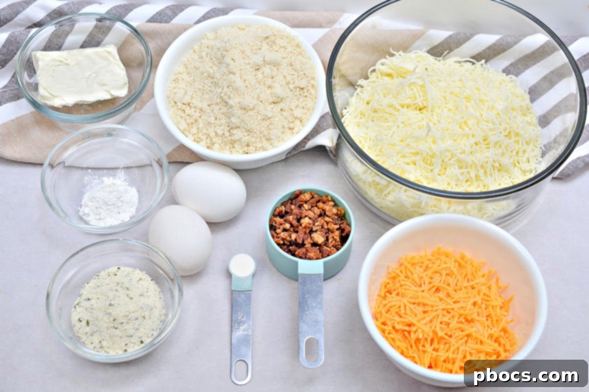 Keto Crave Biscuits 4 Keto Crack Biscuits - A display of the ingredients that go into making the fathead dough, including cheeses, almond flour, and eggs.