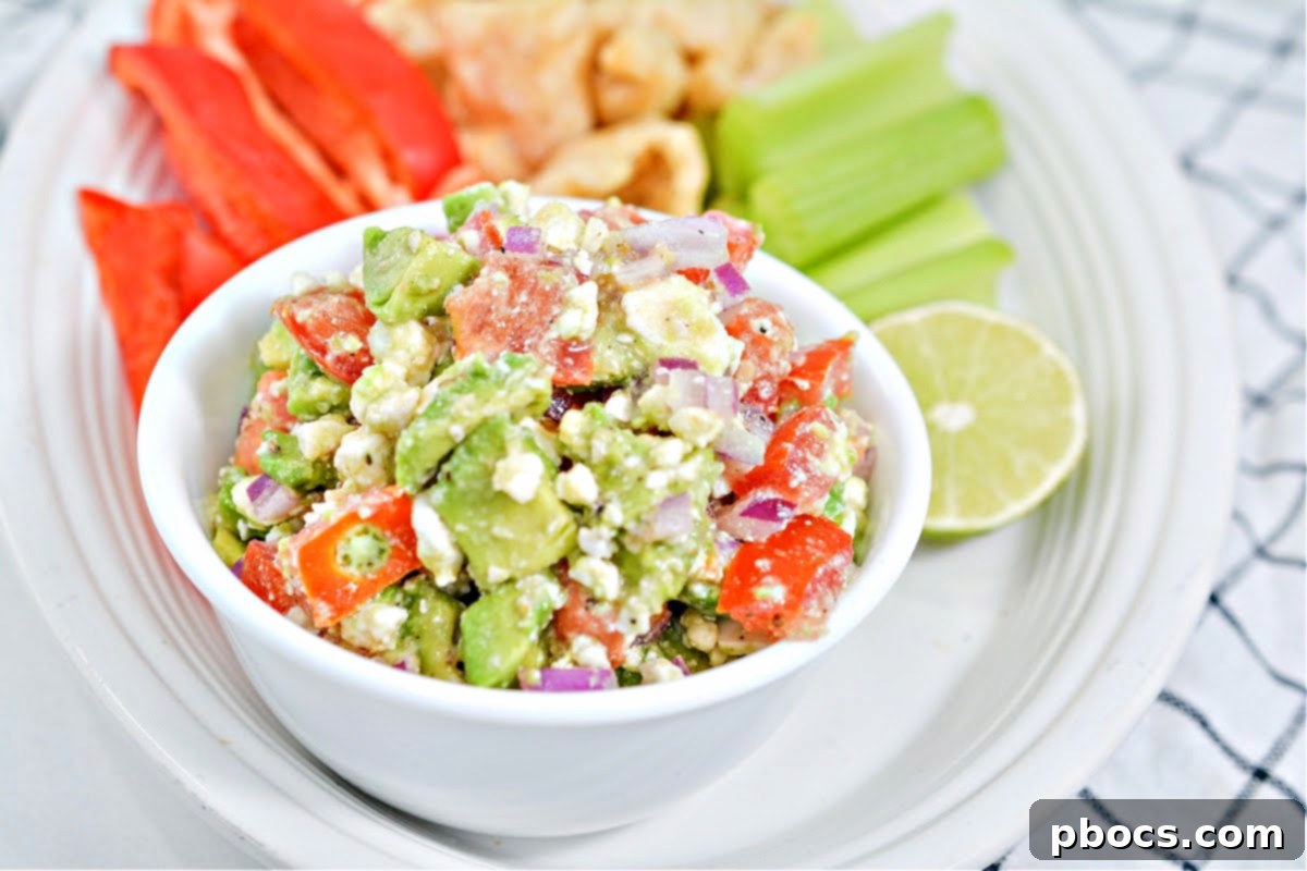 Mediterranean Avocado Feta Salsa 3 Delicious Low-Carb Avocado Feta Salsa served in a bowl