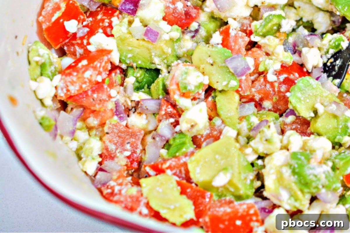Mediterranean Avocado Feta Salsa 5 Close-up of creamy Keto Feta Dip with avocado and tomatoes