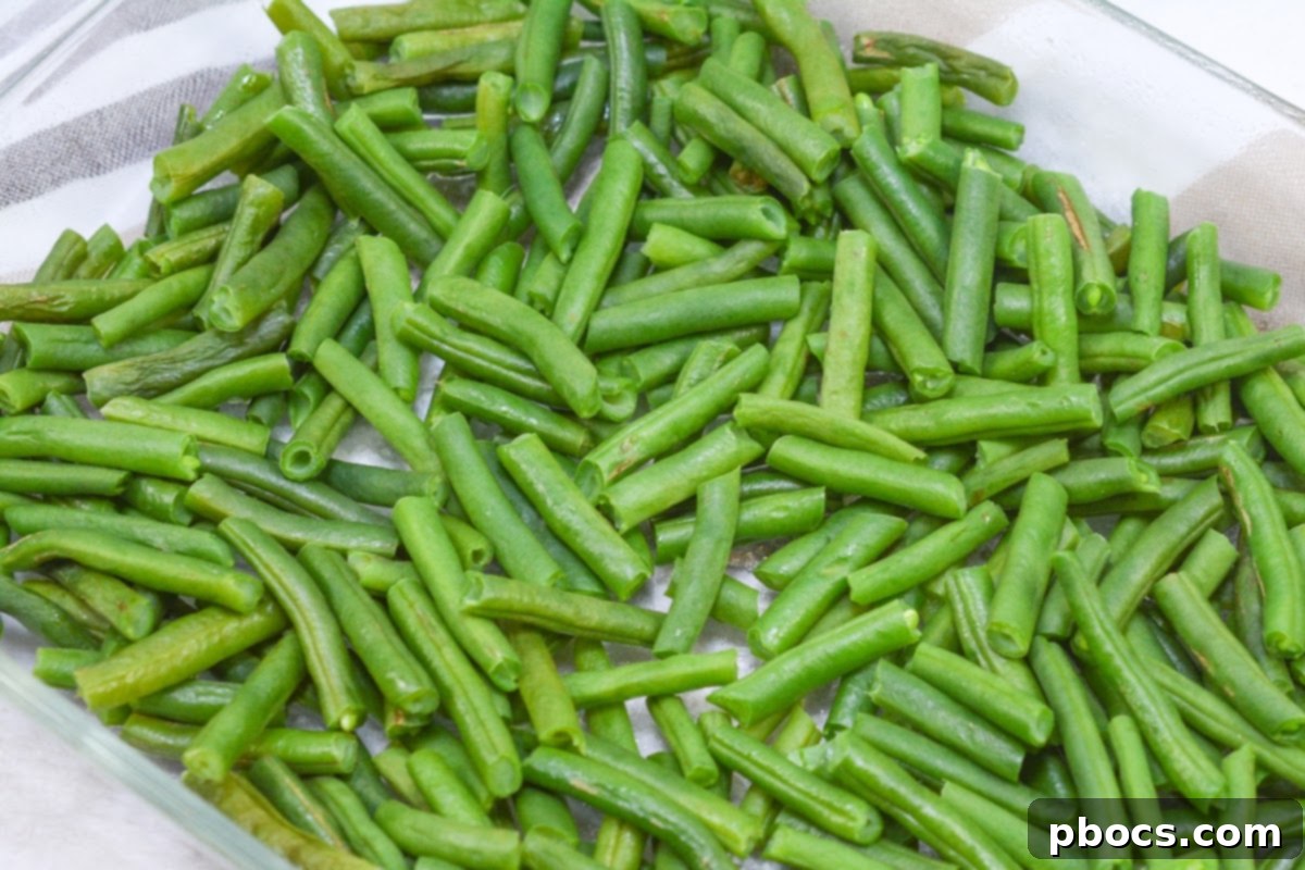Steamed green beans in a baking dish