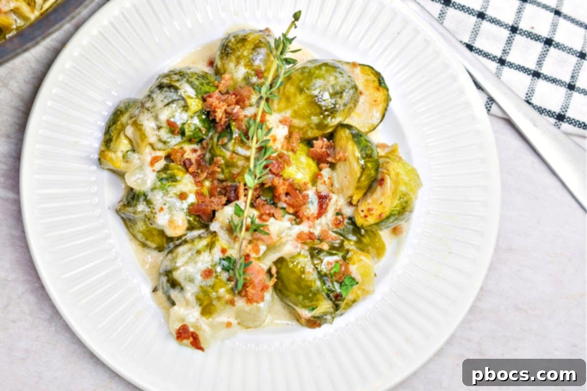 Keto Brussels Sprouts Gratin 8 Keto Au Gratin Brussels Sprouts in a skillet, showcasing the browned top