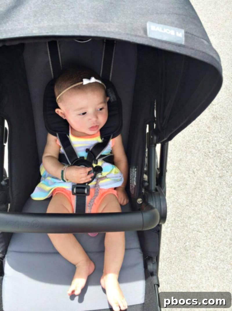 CYBEX Balios M stroller parked at water park, showing design details