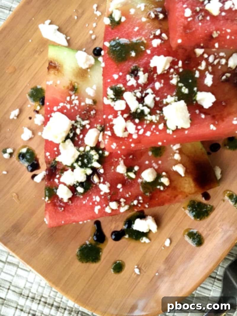 Close-up of Florida Watermelon Salad with Feta, Mint, and Balsamic Glaze