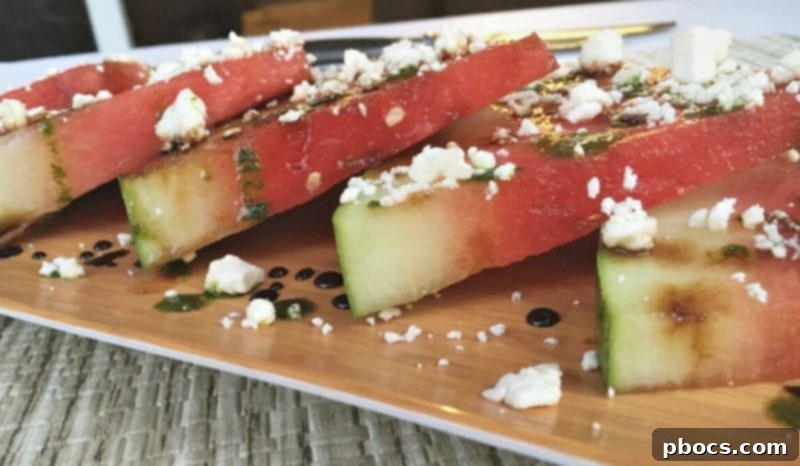 Florida Watermelon Slices with Balsamic Syrup, Mint Oil & Feta Cheese ready to be served