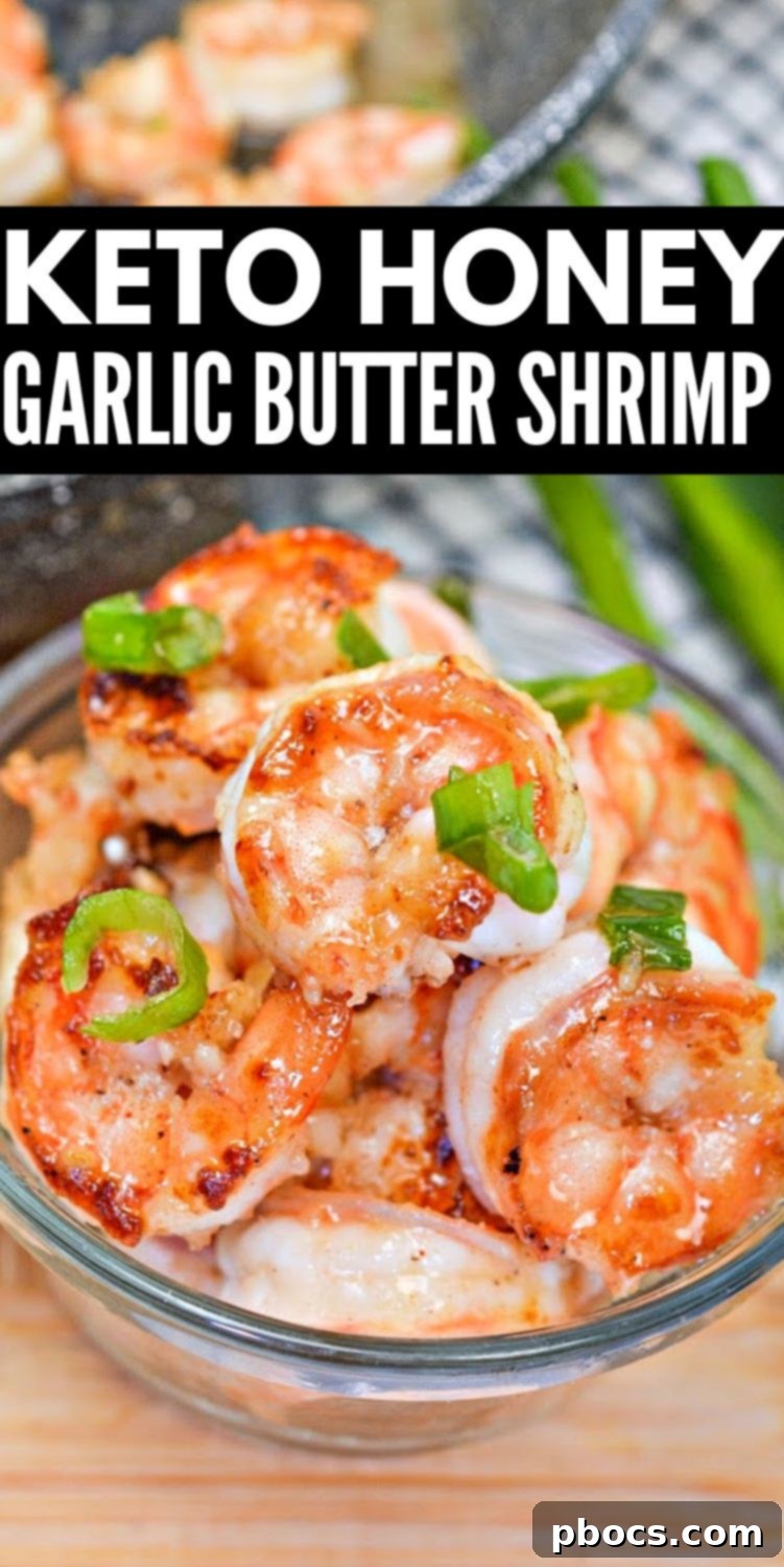 Sticky Honey-Garlic Keto Shrimp 11 Pinterest pin for Keto Honey Garlic Butter Shrimp