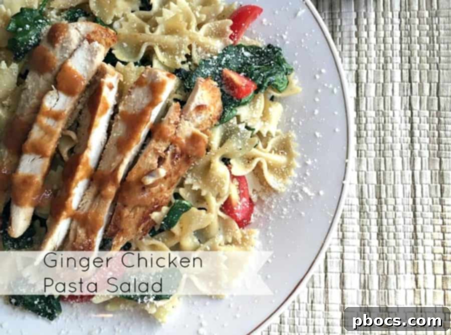 A vibrant Ginger Chicken Pasta Salad, a perfect light meal for lunch or dinner, packed with fresh vegetables and lean protein.