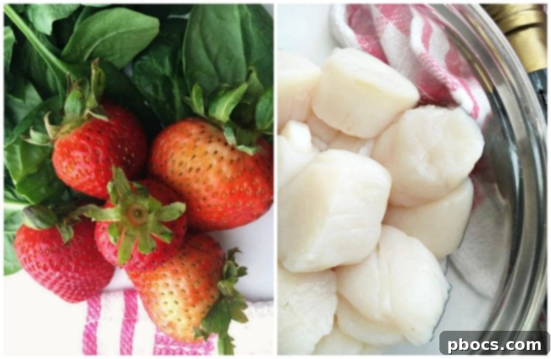 Fresh ingredients for Scallops, Spinach & Strawberries With Balsamic Syrup including raw scallops, vibrant spinach, ripe strawberries, and balsamic vinegar.